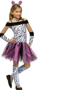 Zebra Halloween Costume 4/6 Pink White Black Dress, Arm-Leg Sleeves 6 Pc Girls